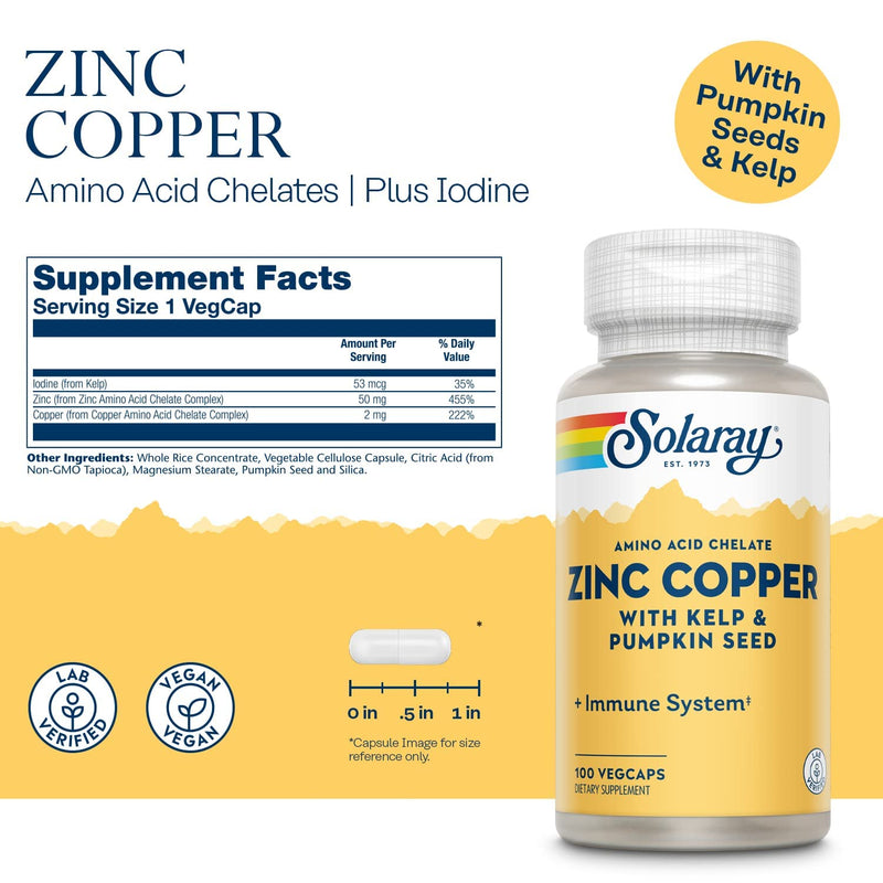 Solaray Zinc Copper Amino Acid Chelates, Healthy Cellular, Heart & Thyroid Function Support, Vegan, 100ct, 100 serv. - NewNest Australia