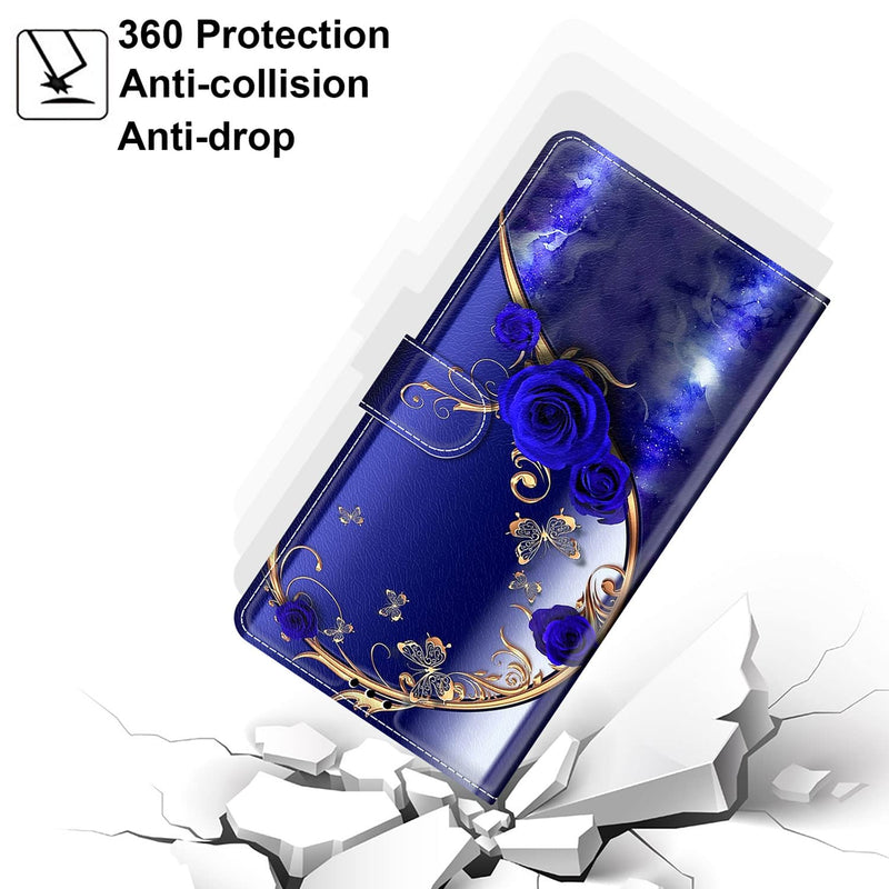 Everainy Compatible With Honor 90 Case Silicone Leather Flip Case Cover Wallet Card Slot Kickstand Pattern Motif Foldable Magnetic Cases Bumper Mobile Phone Case (Blue Rose) - NewNest Australia