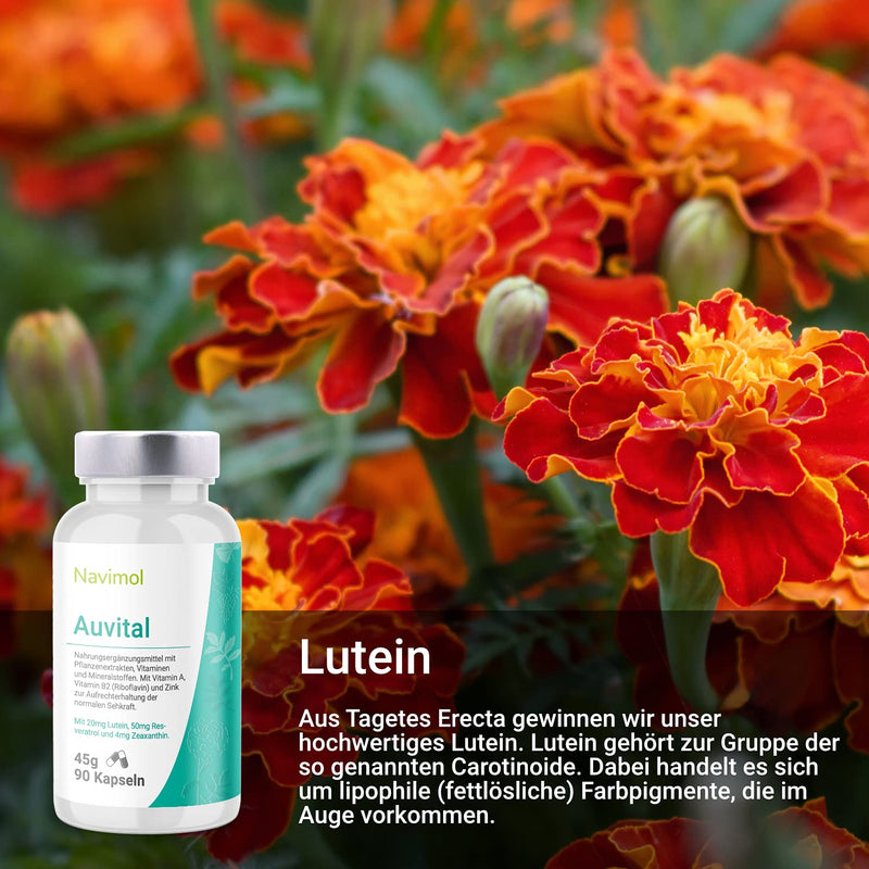 Auvital - 90 capsules | Dietary supplement: With vitamin A, vitamin B2 (riboflavin) & zinc to maintain normal vision | 20mg lutein | 50 mg resveratrol | 4mg zeaxanthin - NewNest Australia