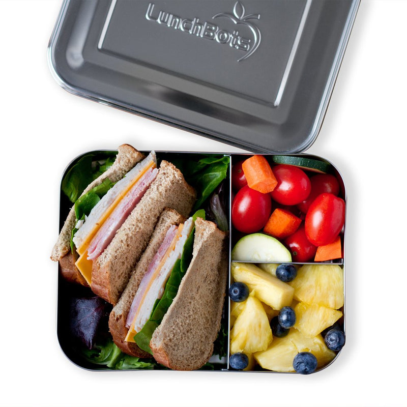 NewNest Australia - LunchBots Large Trio Stainless Steel Lunch Container -Three Section Design for Sandwich and Two Sides - Metal Bento Lunch Box for Kids or Adults - Eco-Friendly - Stainless Lid - All Stainless 