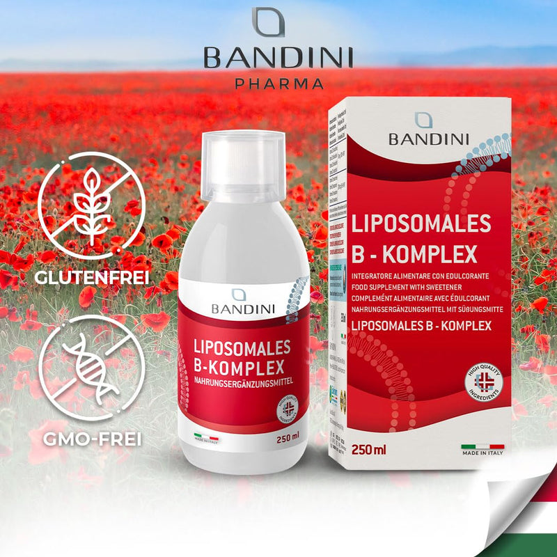 Bandini® Vitamin B Complex Liposomal - 250 ml liquid format | High dosage: All 8 B vitamins (B1, B2, B3, B5, B6, B7, B9, B12) | Independently laboratory tested, no additives, GMO-free, vegan - NewNest Australia