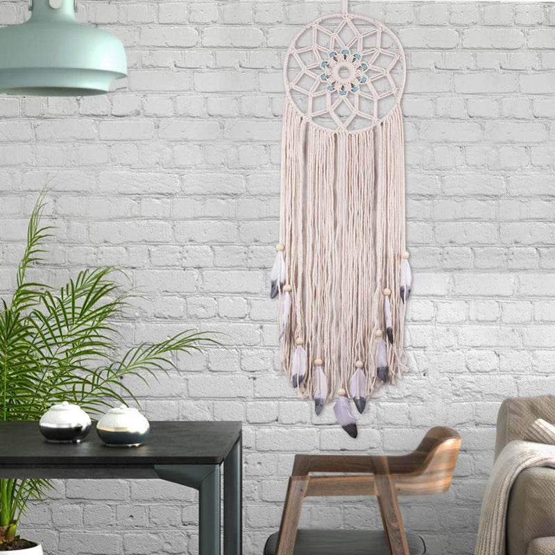 NewNest Australia - KERIQI Macrame Dream Catcher Wall Decor, Boho Large Dreamcatcher with Feather Leaf and Bead Wall Hanging for Kids Bedroom Bohemian Wedding Farmhouse Home Decor, 36 x 12 Inches 