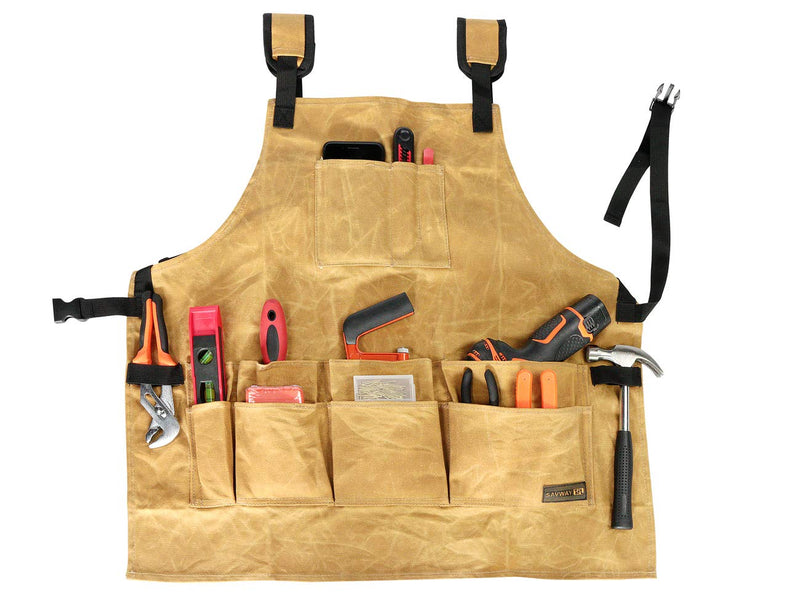 SAVWAY Tool Apron with Pockets Work Apron for Woodworking 16 oz Waxed Canvas Heavy Apron AP-1, Workshop Apron Adjustable Safety Aprons - NewNest Australia