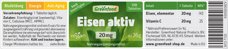 Greenfood - Iron active 20 mg - Extra high dosage - 120 vegan iron tablets - Important for blood formation, energy and immune system - No artificial additives 120 pieces (pack of 1) - NewNest Australia