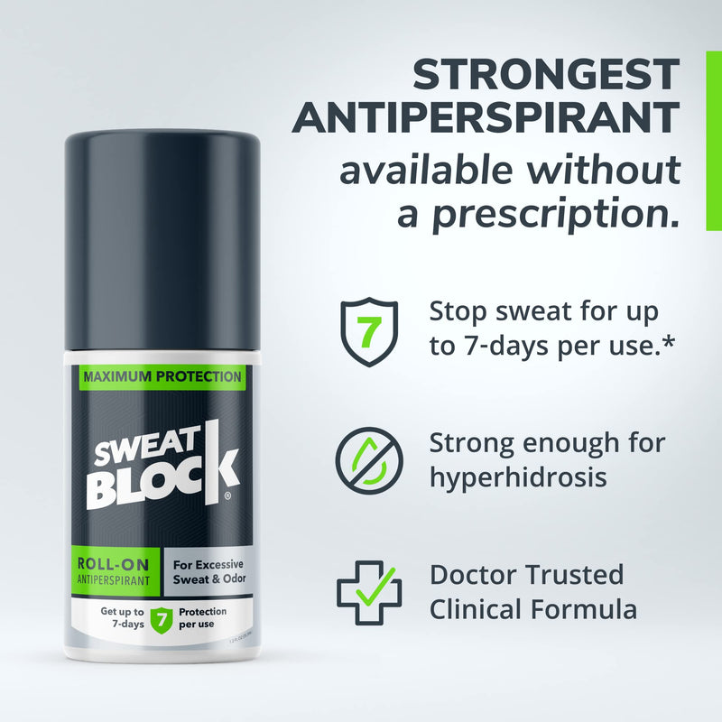 SweatBlock Antiperspirant Roll-on - Maximum Clinical Strength with DRIBOOST | Treat Hyperhidrosis, Excessive Sweat & Odor | Up to 7 Days Sweat Control Per Use | Unisex | 1.2 FL OZ - NewNest Australia