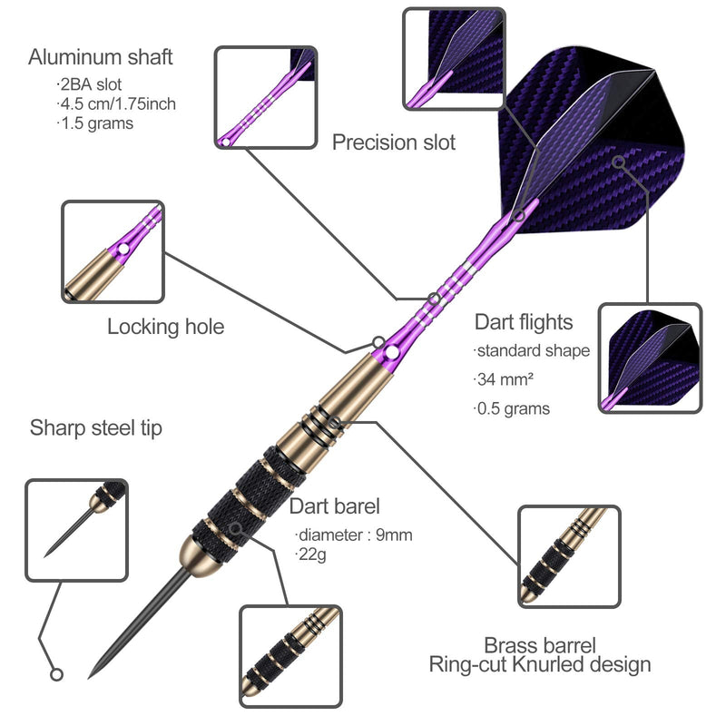 sanfeng Darts Metal Tip Set for Dartboard, Steel Tip Darts 22g 23g 24g 27g with Black Blue Green Aluminum Shafts + Extra Flights + 50pcs Rubber O-Rings 12pcs Spring Rings + 1pcs Dart Sharpener Tool 24g-Purple--3 Pack - NewNest Australia