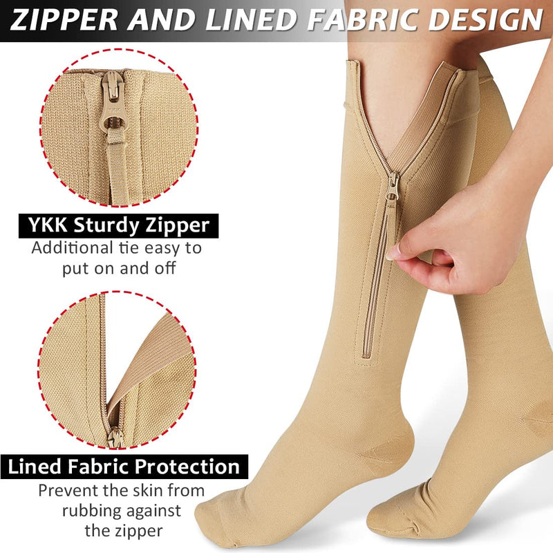 Ailaka Compression Stockings with Zipper for Women Men, 20-30 mmHg Medical Class 2 Compression Socks Support Stockings with Zipper for Varicose Veins, Edema, Recovery, Pregnant Women Medium (1 Pair) Bejge - NewNest Australia