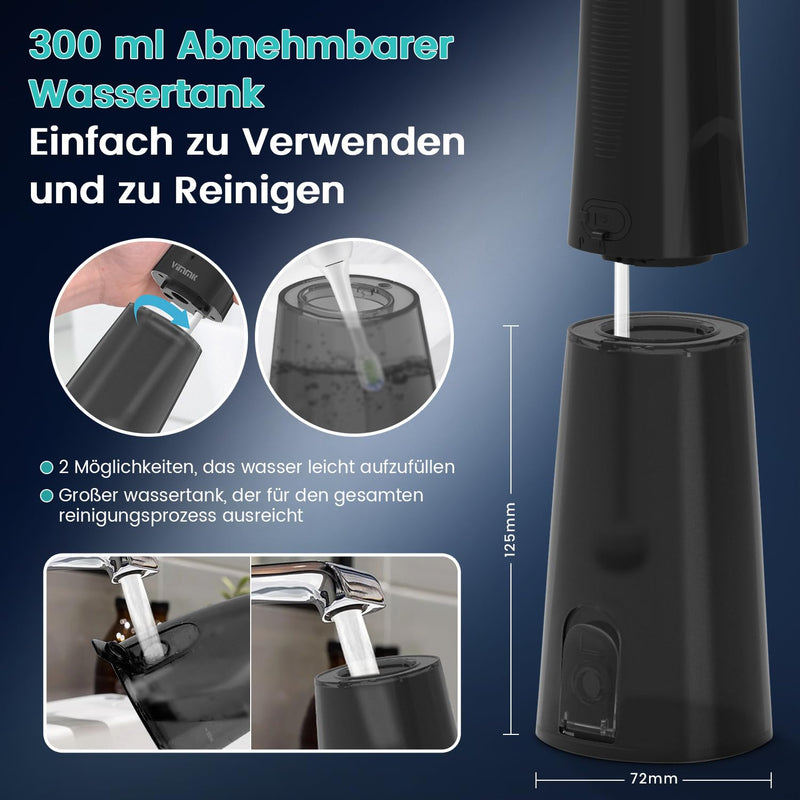 Oral Irrigator Wireless Electric Tooth Cleaner, Vimmk Dental Irrigator Water Flosser 5 Modes & 8 Nozzles USB-C Rechargeable Water Flosser IPX7 Waterproof, 300ML Water Tank Mouth Cleaner (Black) Black - NewNest Australia