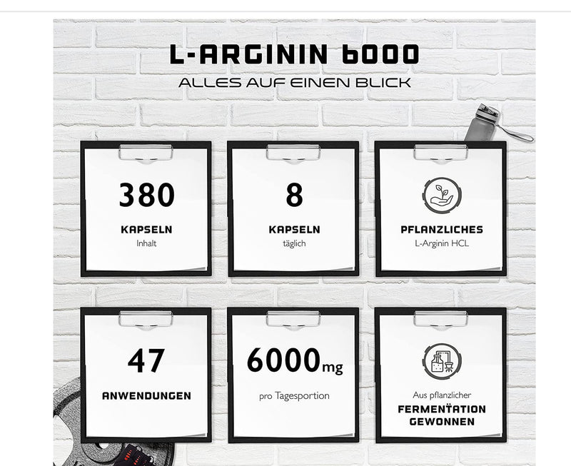 L-Arginine - 380 vegan capsules - 6000 mg plant-based HCL per daily serving (= 4980 mg pure L-arginine) - Amino acid - High dosage - Laboratory tested - Premium quality - NewNest Australia