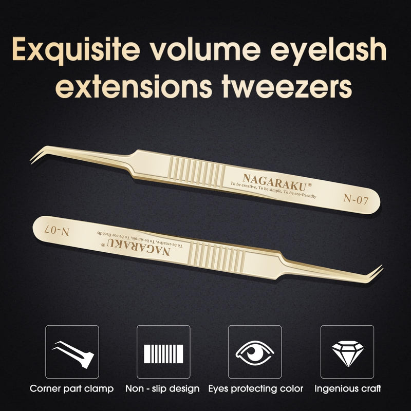 NAGARAKU Eyelash Extension Tweezers Professional Precision Tweezers Gold Curved Volume Cluster Super Light Easy Fanning Pre-Made Fan Tweezers Stainless Steel Tweezer (N-07) N-07 - NewNest Australia