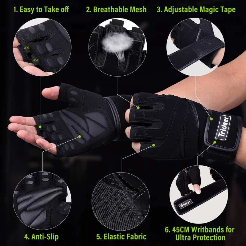 Trideer Padded Workout Gloves for Men - Gym Weight Lifting Gloves with Wrist Wrap Support, Full Palm Protection & Extra Grips for Weightlifting, Exercise, Cross Training, Fitness, Pull-up Black XL (8.6-9.25 in) - NewNest Australia