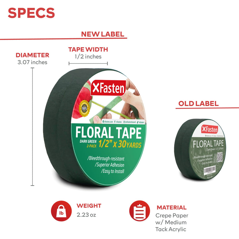 XFasten Wide Floral Tapes for Bouquet 1/2-Inch x 30 Yards - Dark Green (2-Pack) Bouquet Stem Wrap Tape for Florist – Waterproof Boutineer Tape for Flower Stem Wrap and Craft Adhesive 1/2-Inch x 30 Yards (2-Pack) 2 - NewNest Australia