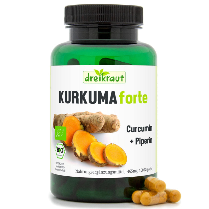 Dreikraut Turmeric Forte Bio, Turmeric + Curcumin 95% + Piperine, 160 X Vegan Capsules, 465 Mg Each, German Production, Balanced Formula, Free From Additives, Residue-Tested - NewNest Australia