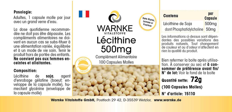 Lecithin 500mg - from soy - GMO-free - high dosage - 100 softgels | Warnke vital substances - NewNest Australia