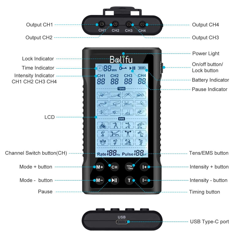 Belifu 4 Independent Channel TENS EMS Unit, 24 Modes,30 Level Intensity Muscle Stimulator Machine, Rechargeable Electric Pulse Massager with 10 Pads&5 Set Leads Wires, for Pain Relief Therapy Black - NewNest Australia