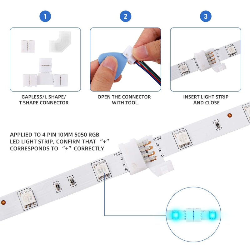 LED Strip Light Connector Kit, Led Strip Accessories Set for 5050 4 Pin 10mm RGB Led Light Strips with Connectors Clips and Tools - NewNest Australia