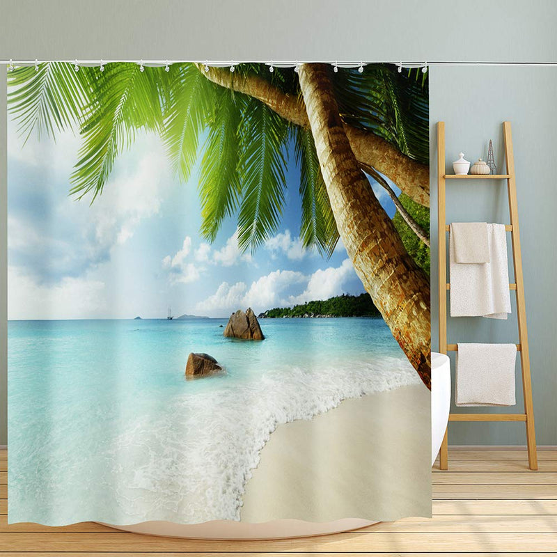 ABxinyoule Beach Scene Shower Curtain Tropical Beach Theme Palm Blue Waterproof Fabric Bathroom Sets - NewNest Australia