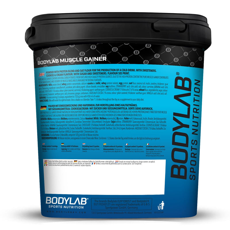 Bodylab24 Pure Muscle Gainer Vanilla 2000g, 100g each 33g natural carbohydrates, 40g protein and 12g fat, enriched with creatine monohydrate, perfect weight gainer shake for building mass - NewNest Australia