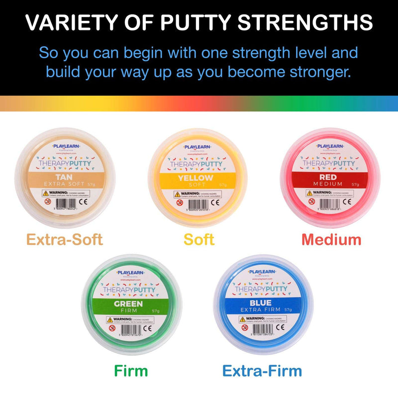 Playlearn 5 x Therapy Putty Squeezable Non-Toxic, Hand Exercise, 5 Strengths Extra Soft/Soft/Soft-Medium/Medium/Firm Individually Colour Coded for Adults & Children 57g (2oz) Tubs - NewNest Australia