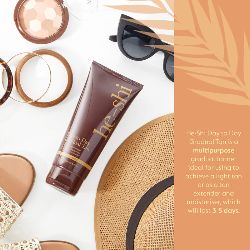 He-Shi Day to Day Gradual Tan Moisturiser – No False Tan Smell – Easy Application – Natural Vegan Formula Containing Pro Vitamin E, B5 + Aloe Vera – Body & Face Self Tan (200ml) 200 ml (Pack of 1) Light Brown - NewNest Australia