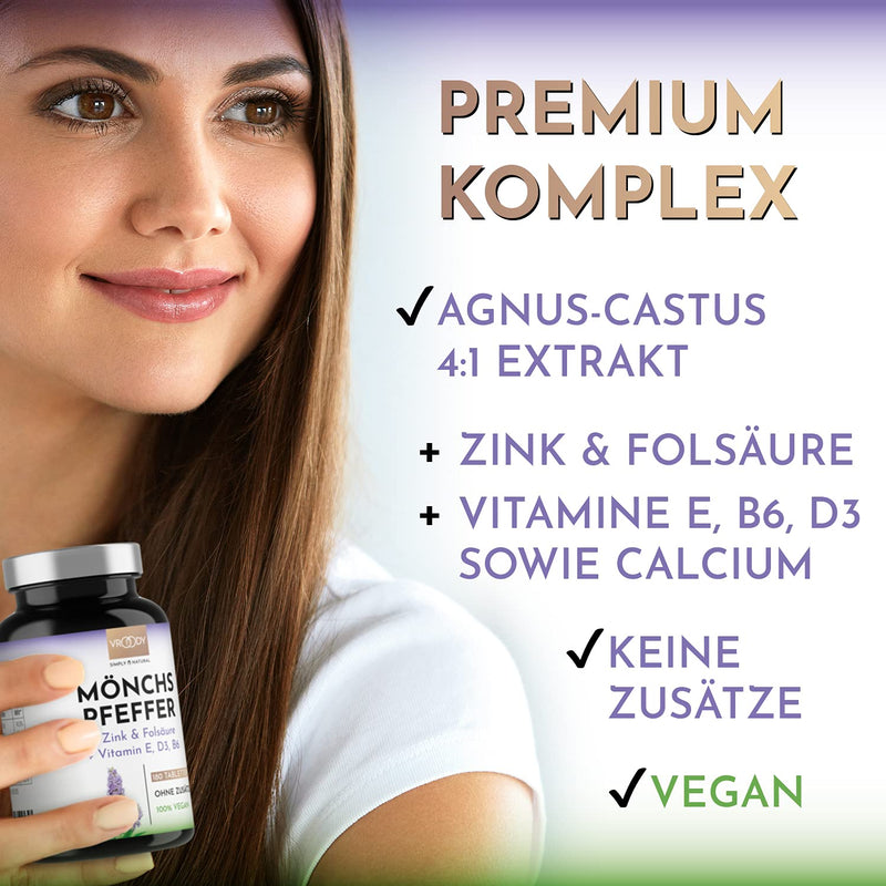 High-dose monk's pepper - 180 small Agnus Castus tablets + folic acid, zinc, vitamin E, D3, B6 & calcium - 6 month supply, vegan & free of additives Made in Austria by VROODY - NewNest Australia