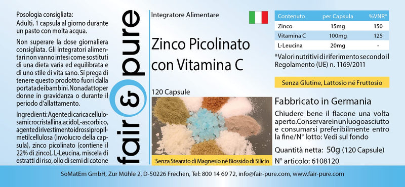 Fair & Pure® - zinc picolinate 15mg elemental zinc and 100mg vitamin C - vegan - without magnesium stearate - 120 vegan zinc capsules - NewNest Australia
