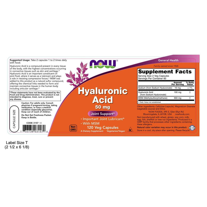 NOW Supplements, Hyaluronic Acid 50 mg with MSM, Joint Support*, 120 Veg Capsules - NewNest Australia