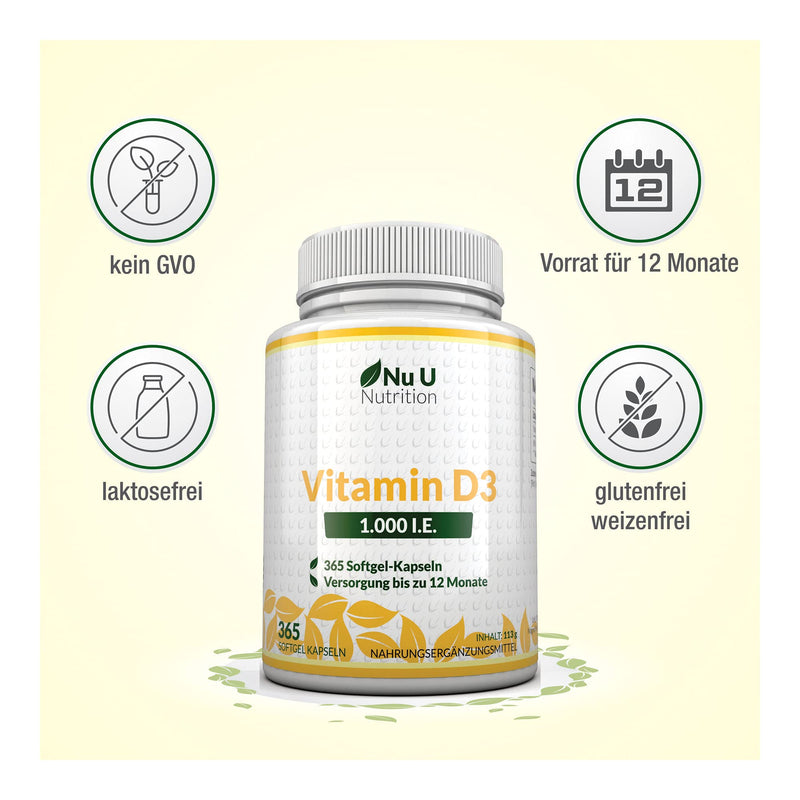 Vitamin D3 1,000 IU high dose | for bones, teeth & immune system | Annual supply | 100% Money Back Guarantee | 365 Softgel Capsules | Dietary supplements from Nu U Nutrition - NewNest Australia