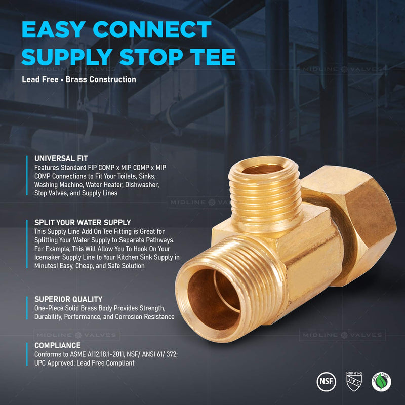 Midline Valve 73314-OM Add On Tee Fitting, Split Supply Line Outlet; Lead Free; 3/8 in. FIP COMP x MIP x 1/4 in. MIP; Brass 3/8 in. x 1/4 in. - NewNest Australia