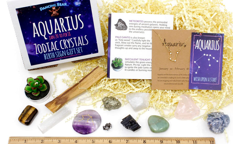 DANCING BEAR Aquarius Zodiac Healing Crystals Gift Set, (14 Pc): 9 Stones, 18K Gold-plated Constellation Necklace, Meteorite, Succulent Candle, Palo Santo Smudge stick, and Info Guide, Made in the USA - NewNest Australia