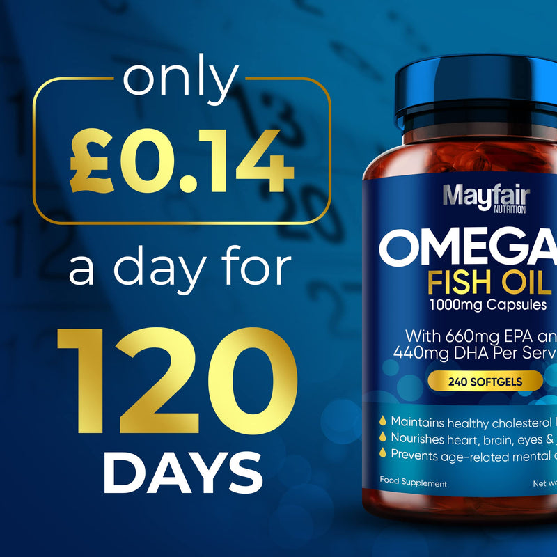 Omega 3 1000mg Capsules - 240 Fish Oil Tablets with 660mg EPA & 440mg DHA per Daily Serving - Supports Heart, Vision, & Brain Health - 4 Months Supply - Made in UK - NewNest Australia