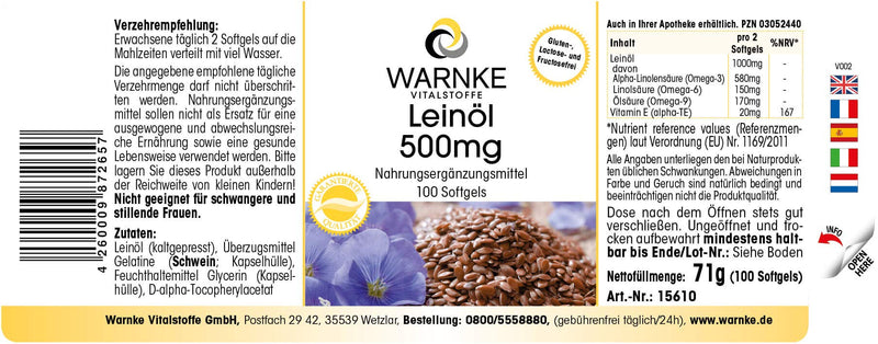 Flaxseed Oil Capsules - Vegetable Omega 3-6-9 Capsules - High Dose - Flaxseed Oil 500mg - 100 Softgels | Warnke vital substances - NewNest Australia