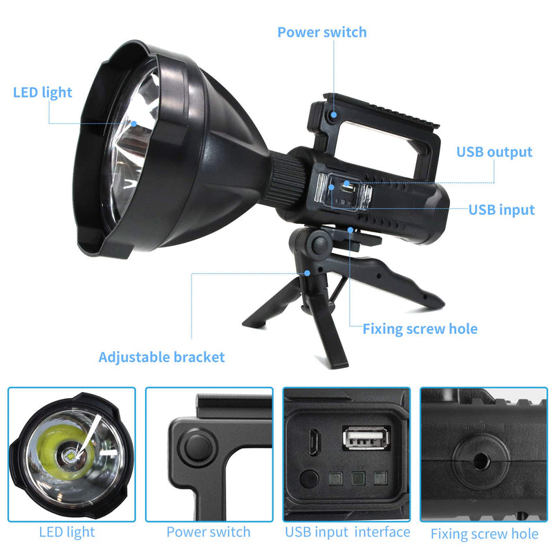 Rechargeable LED Spotlight Flashlights 90000 High Lumens, Super Bright Flashlight with 4 Modes IPX5 Waterproof, Large Searchlight for Fishing, Hiking and Camping with Tripod and USB Output Lamp 5 Inch - NewNest Australia