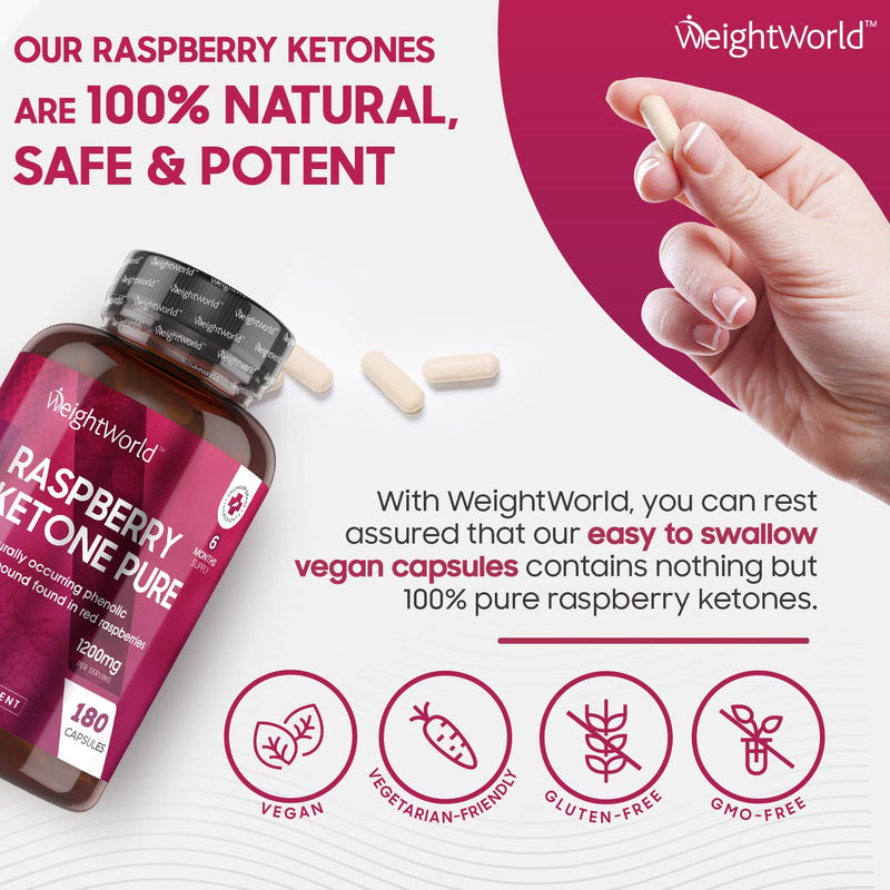 Pure Raspberry Ketones 1200mg - 180 Vegan Capsules (6 Month Supply) - Max Strength Raspberry Ketones Supplement - Suits Low Carb & Keto Diet -Better Absorption Than Tablet - 100% Natural - UK Made - NewNest Australia