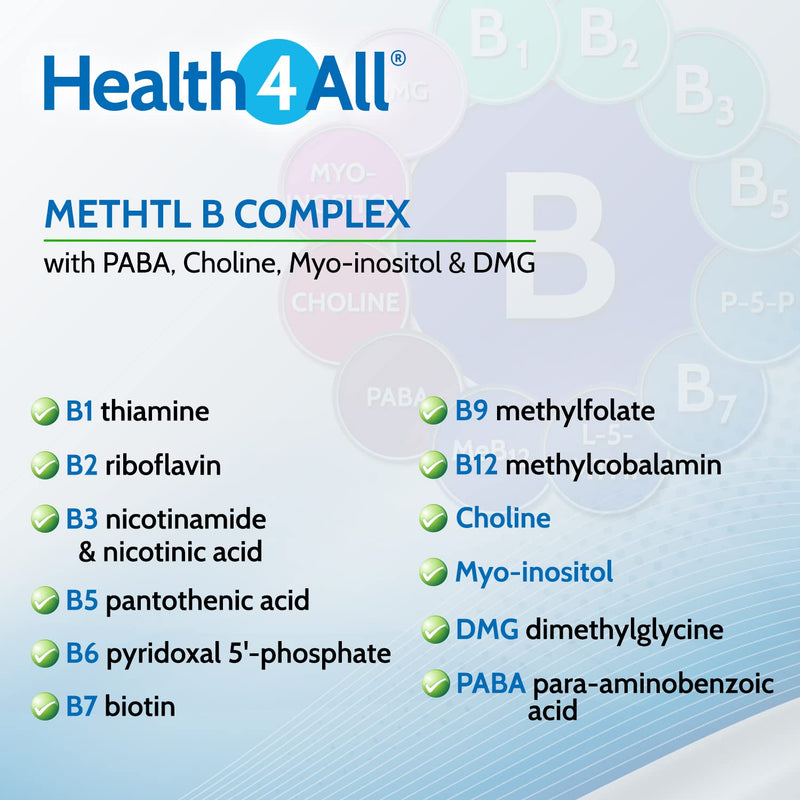 Methyl B Complex 60 Capsules (V) (not Tablets) with Methylcobalamin, Methyl Folate, P5P, Choline, Myo-Inositol, DMG and PABA for Stress Support, Energy and methylation. Made in UK by Health4All 60 Count (Pack of 1) - NewNest Australia