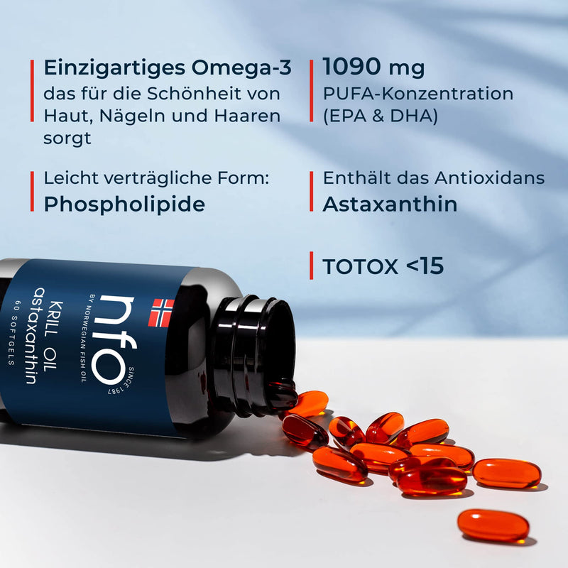 NFO OMEGA 3 KRILL OIL Astaxanthin [60 capsules] Made in Norway High-dose krill oil, with fish oil and high-dose EPA & DHA as an astaxanthin & phospholipid complex from wild fish and krill - NewNest Australia