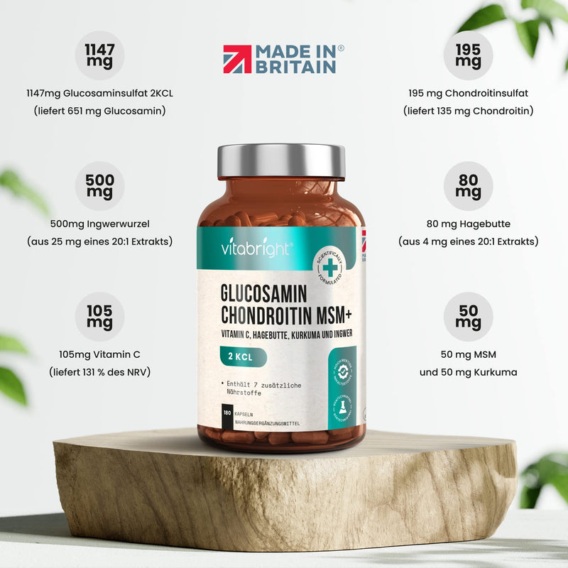 Glucosamine Chondroitin MSM Capsules High Dose - With Turmeric, Vitamin C, Ginger & Rose Hip - 180 Capsules Glucosamine Chondroitin High Dose - Premium Joint Capsules - Made in UK by VitaBright - NewNest Australia