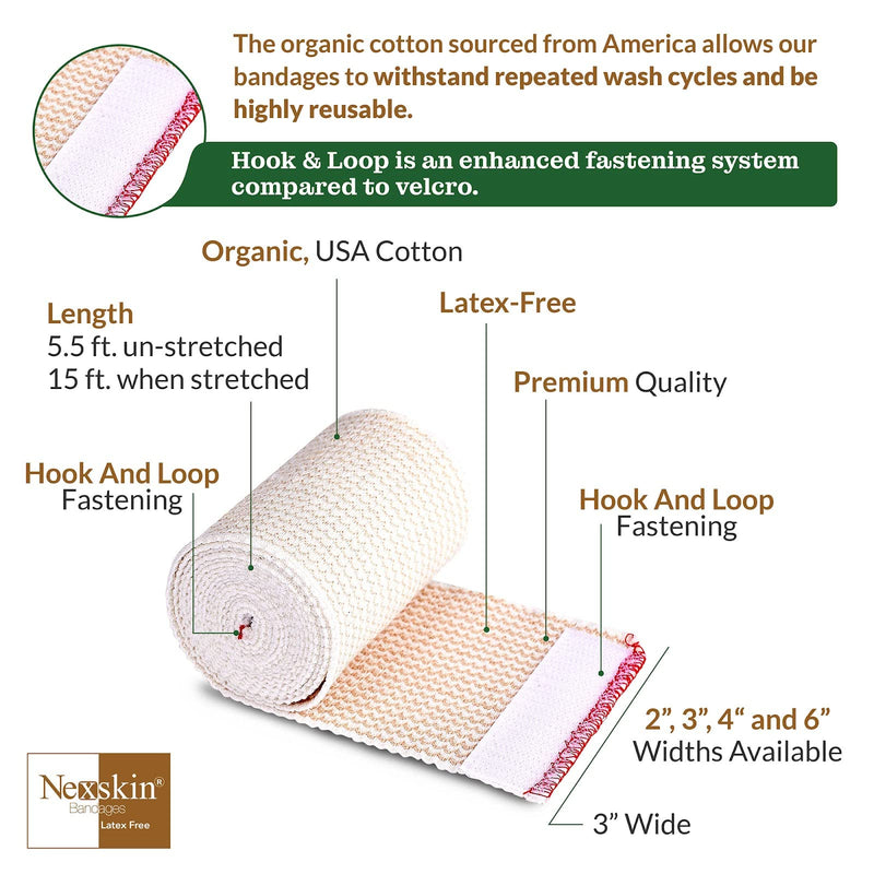Premium Elastic Bandage Wrap (3” Wide, 2 Pack) - Nexskin Latex Free Athletic/Medical Compression Bandages Hook & Loop Fasteners at Both Ends - Lifetime Washable & Reusable USA Organic Cotton Bandage 3 Inch (Pack of 2) - NewNest Australia