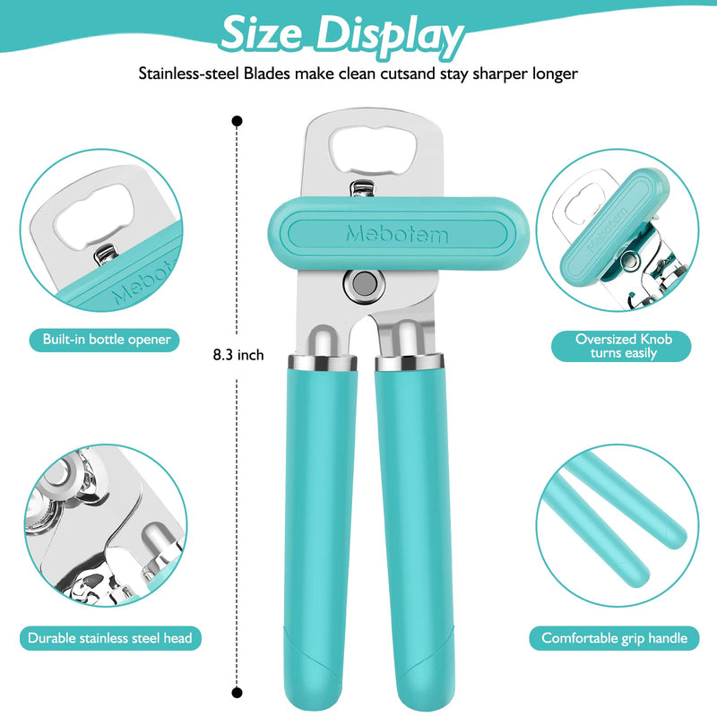 Mebotem 10 Colors Can Opener Manual Handheld Heavy Duty Hand Can Opener Smooth Edge Stainless Steel Can Openers Top Lid Kitchen Gadgets, Best Large Rated Easy Turn Knob, with Bottle Opener, Aqua Sky 1 - NewNest Australia