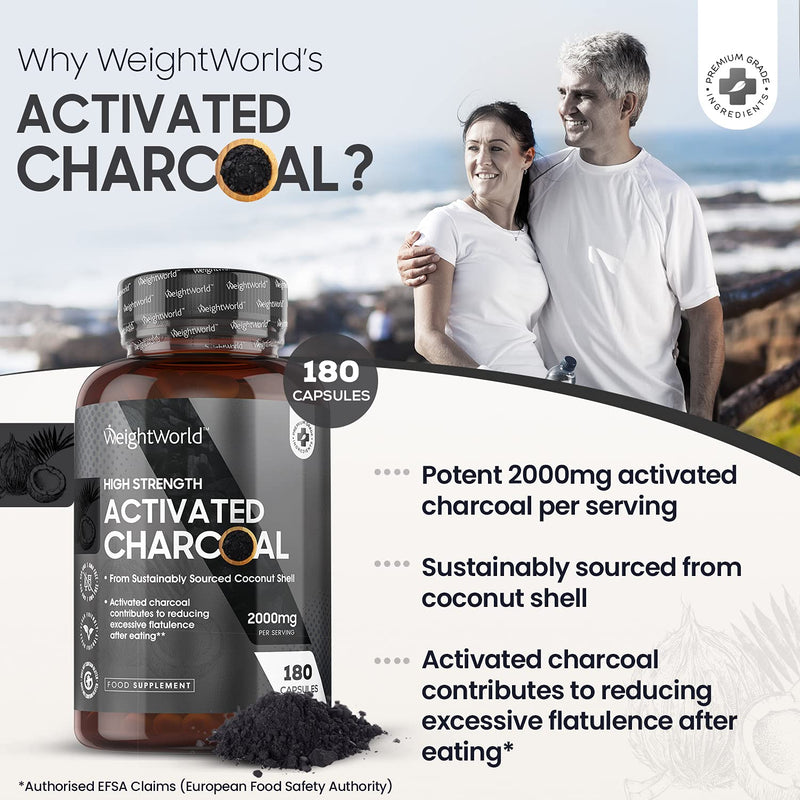 Activated Charcoal Capsules - 2000mg Per Daily Serving - 180 Capsules - Premium & Natural Coconut Charcoal - Vegan & Keto Friendly Digestion Supplement - Tested for Purity - NewNest Australia