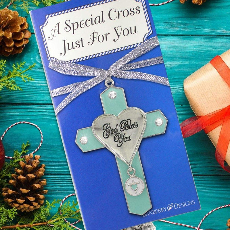 NewNest Australia - BANBERRY DESIGNS God Bless You Jeweled Hanging Ornament Cross with Charm Metal 3" H Religious Gifts for Women 