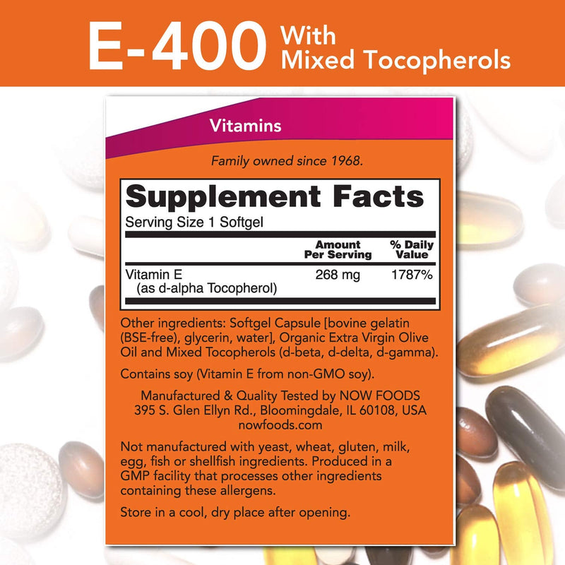 NOW E-400 Vitamin E-400 IU MT Softgels with Mixed Tocopherols, 250 Softgels - NewNest Australia