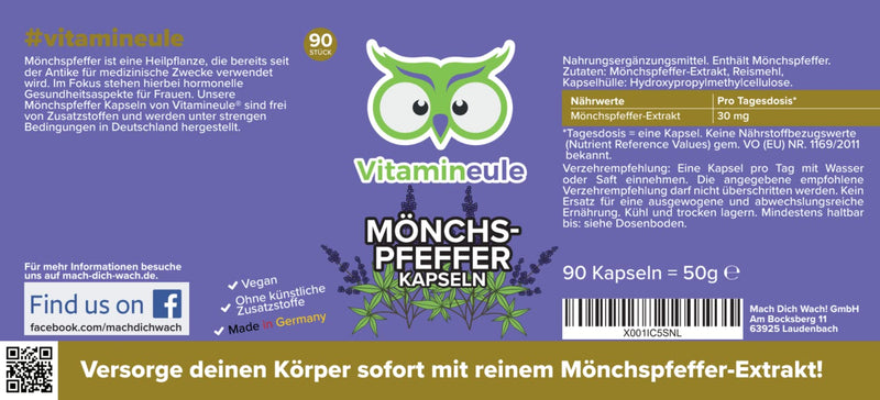 Monk pepper capsules - high dosage - 30 mg - desire to have children, pregnancy & menopause - quality from Germany - without additives - vegan - laboratory tested - Agnus castus - Vitamineule® - NewNest Australia