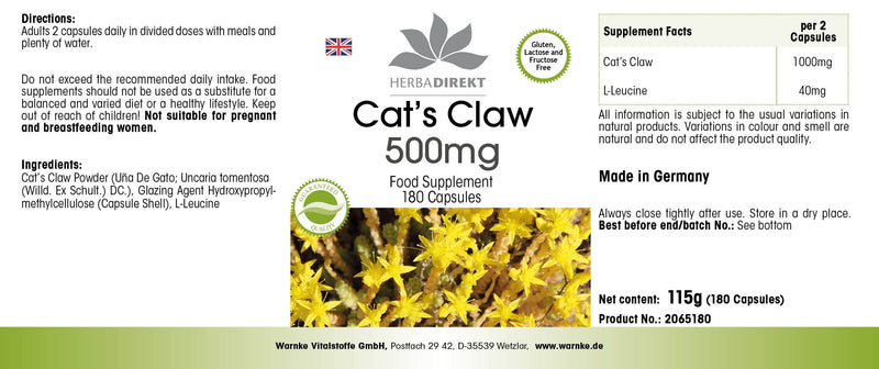 Cat's Claw Capsules 500mg - Uña De Gato - Cat's Claw - 180 capsules - vegan | HERBADIREKT by Warnke vital substances - NewNest Australia