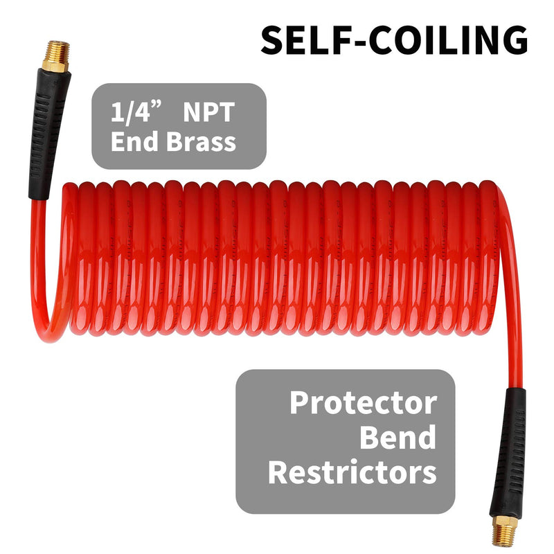 Hromee 1/4 in x 25 ft Polyurethane Recoil Air Hose with Bend Restrictors Compressor Hose with 1/4" Industrial Universal Quick Coupler and I/M Plug Kit, Red - NewNest Australia