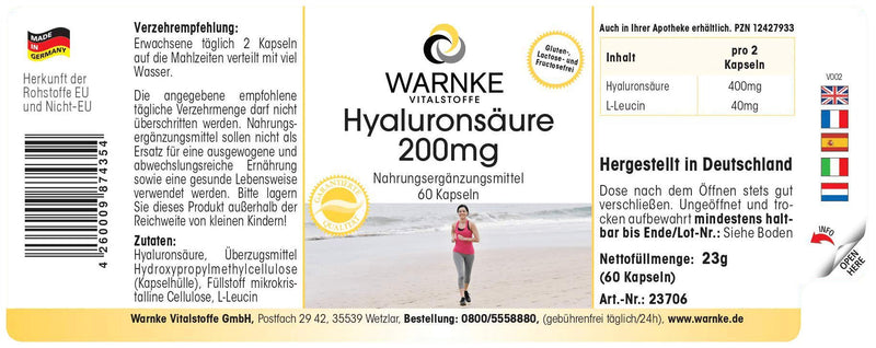 Hyaluronic acid 200mg - high dose - vegan - 60 capsules | Warnke vital substances - NewNest Australia