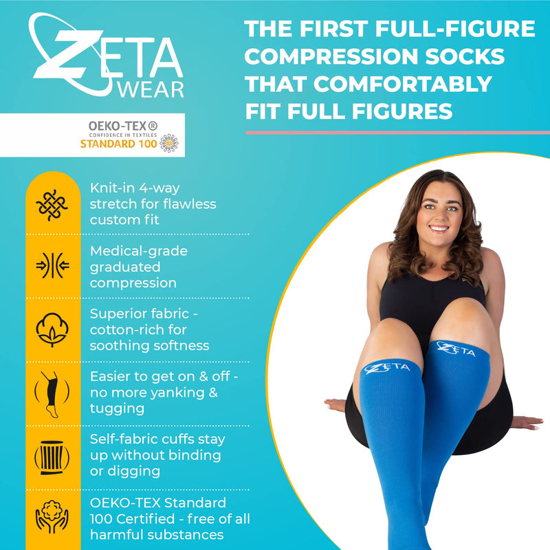 Zeta Wear Unisex Compression Stockings Thick Calf 4Xl, Soothing Comfortable Gradient Support, Prevents Swelling, Pain, Edema, Dvt, Large Cuffs, Open Toe, Black - NewNest Australia
