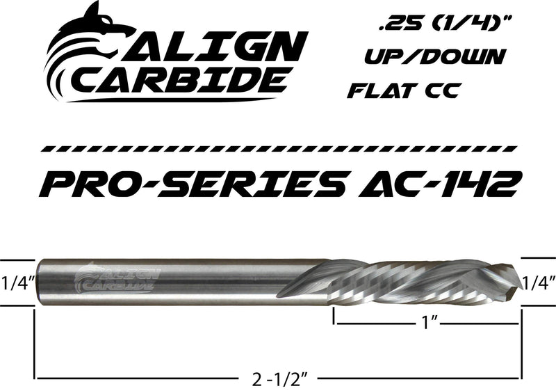 Align Carbide, UP Down (Compression) Router Bit, 1/4 Inch Cutting Diameter, 1/4 Inch Shank, Premium Solid Micro Grain Carbide, Spiral Plunge, 2 Flute, Flat Cutting Face, CNC Router Pro-Series. - NewNest Australia