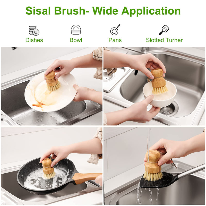 SUBEKYU Bamboo Dish Scrub Brush for Kitchen Sink, Natural Wooden Washing Dish Brush Scrubber, Sisal Bristles Brush for Household Cleaning Cast Iron Brush Pots, Pans and Vegetables Ceramics Base + 1P Sisal Brush - NewNest Australia