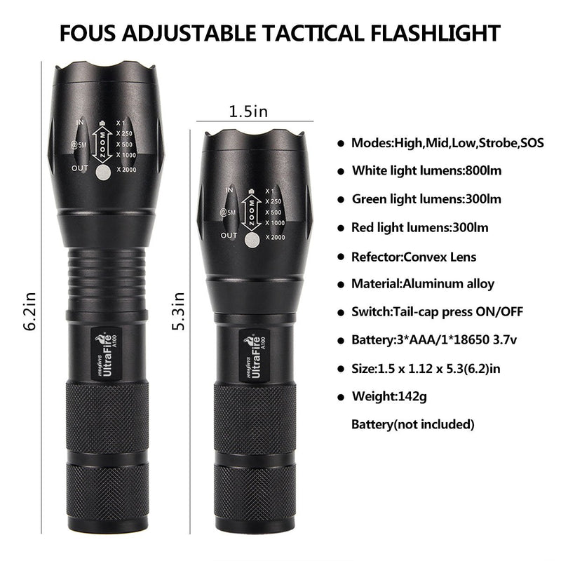 ULTRAFIRE Tactical LED Flashlight Hunting Flashlight A100 Focusable 3 Colors Exchange Glass Lens (Generate RED or Green Light ) - NewNest Australia